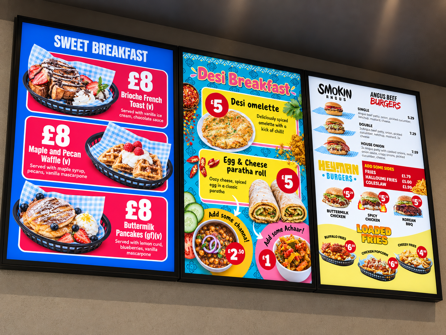 Close-up of three illuminated menu screens
