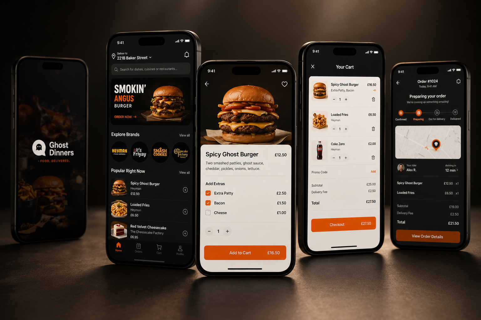 Ghost Technology dashboard and ordering app screens