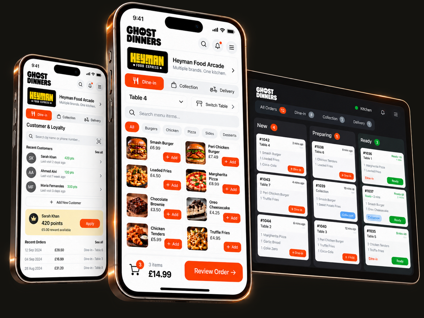 Ghost Dinners POS ecosystem — ordering app, loyalty, and kitchen screens