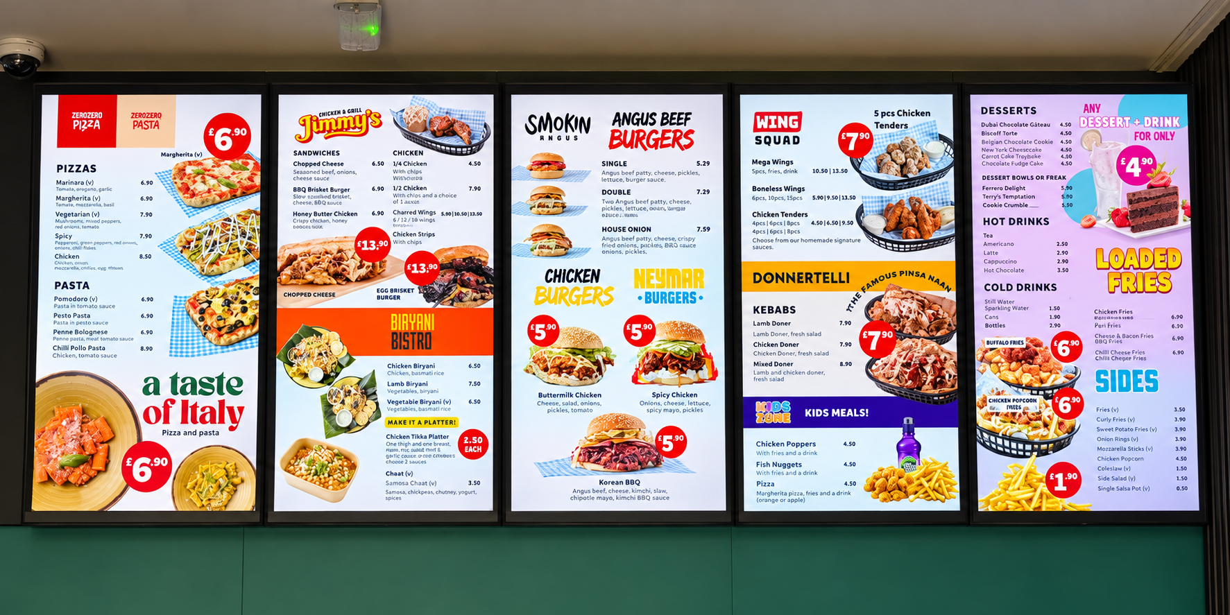Heyman vibrant five-screen restaurant menu display